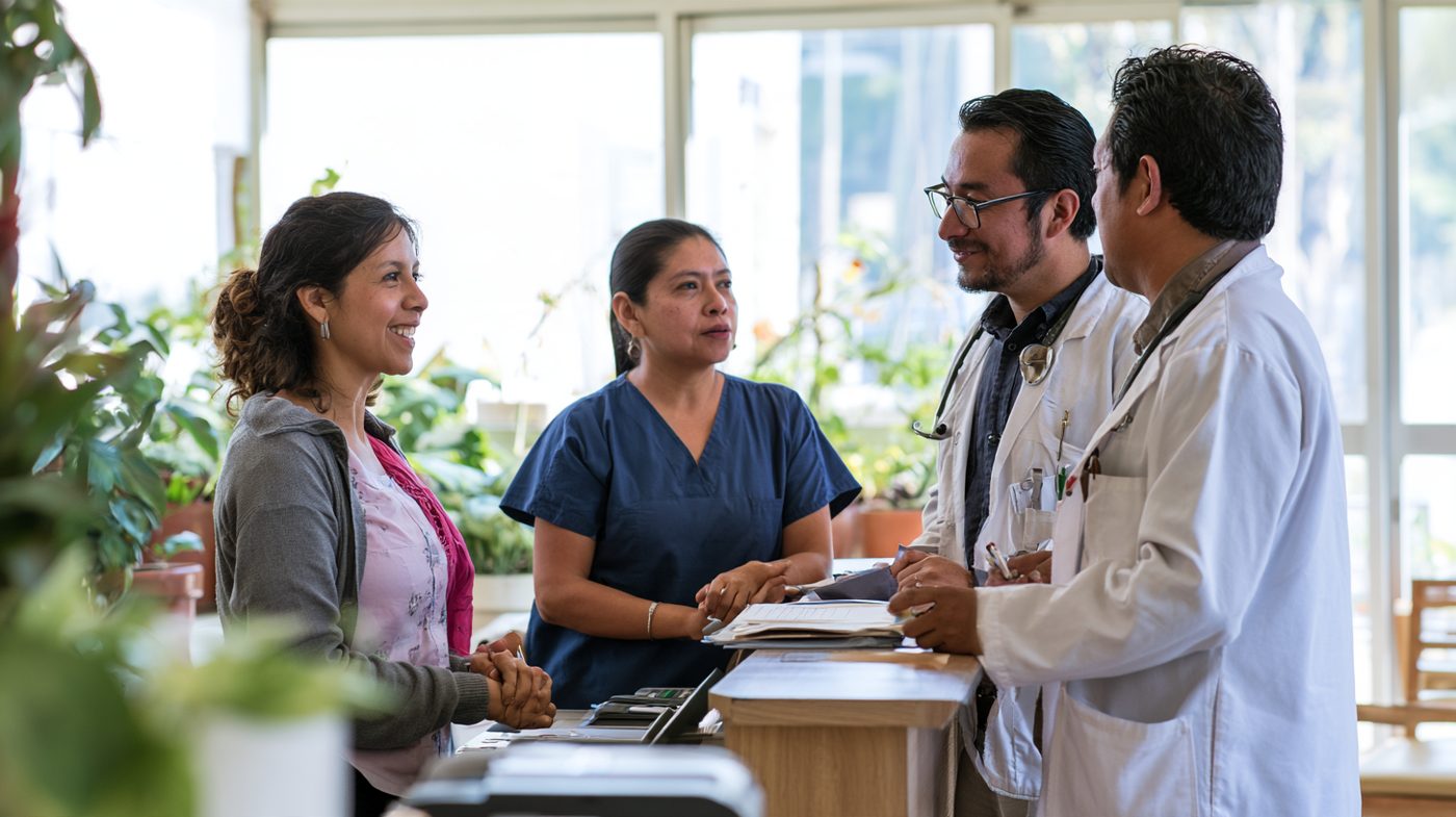 Grupo pequeño de médicos que comparte asistente en su consultorio