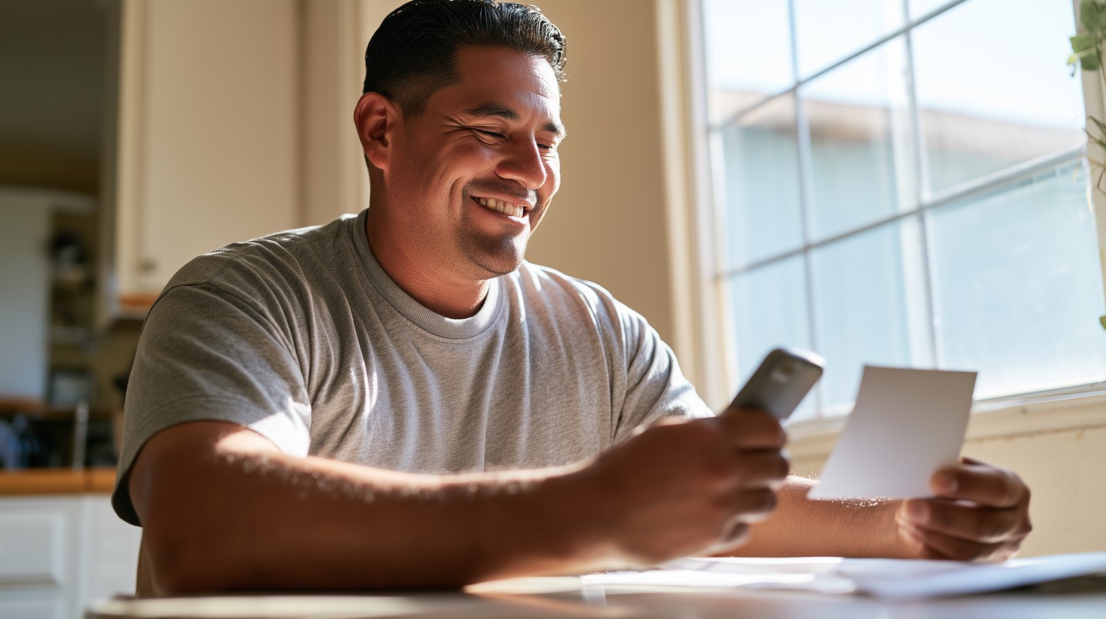 Hombre sonriente revisa su boleto de lotería con el teléfono en la cocina de su casa
