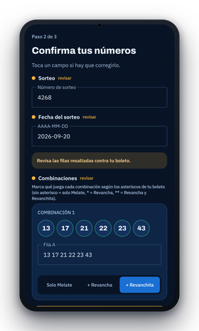 Pantalla Confirma tus números