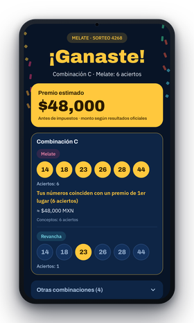 Pantalla de resultado ¡Ganaste! con el premio estimado